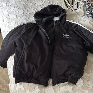 Adidas Black Hooded Vintage Puffer Jacket with White Stripes